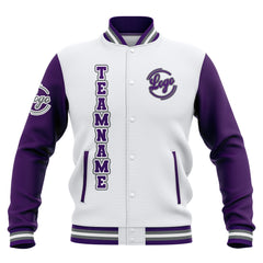 Custom White Purple Grey Waterproof Varsity Jackets Personalized Stitched Name Number Logo to Letterman Jackets