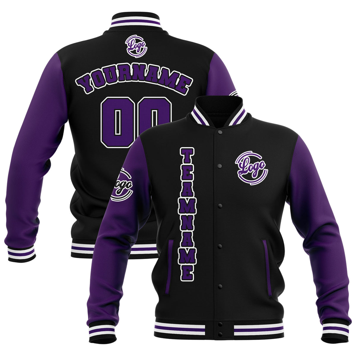 Custom Black Purple White Waterproof Varsity Jackets Personalized Stitched Name Number Logo to Letterman Jackets