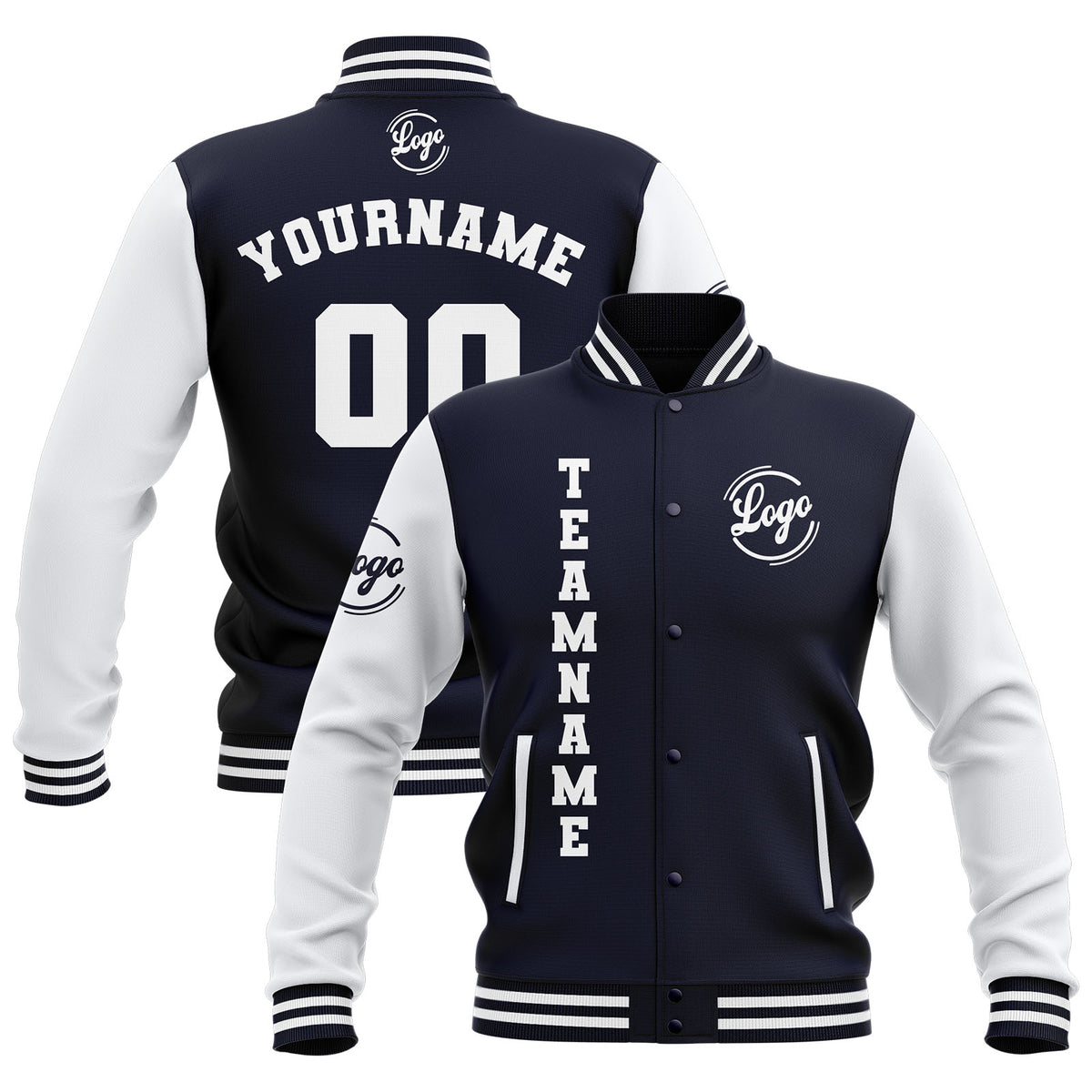 Custom Navy White Waterproof Varsity Jackets Personalized Stitched Name Number Logo to Letterman Jackets