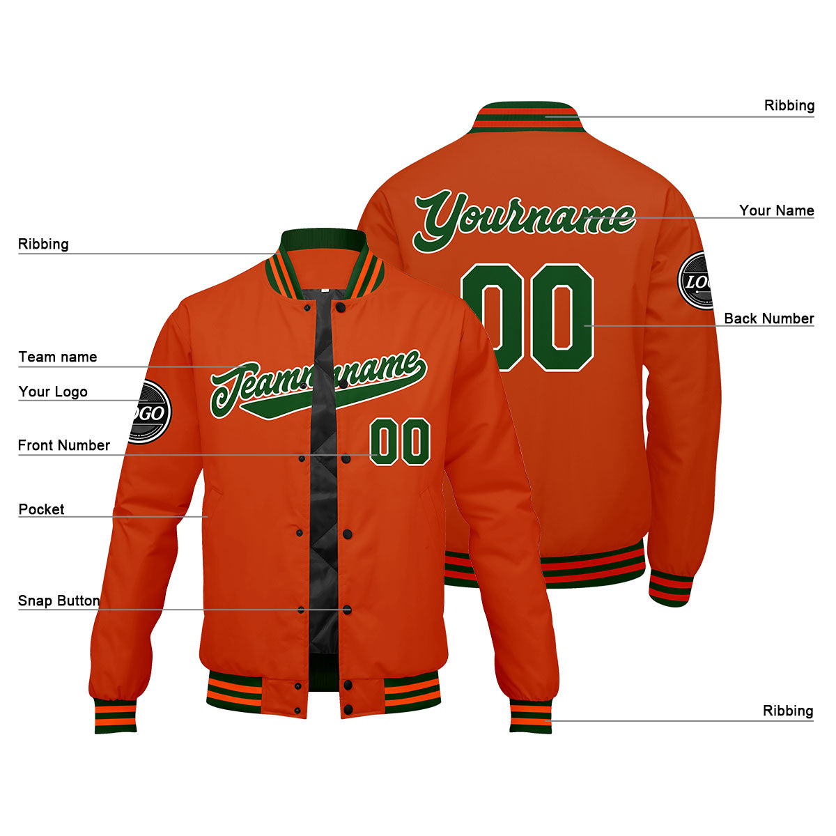 Custom Varsity Jacket Letterman jacket for Men, Women and Youth Dark Green Orange