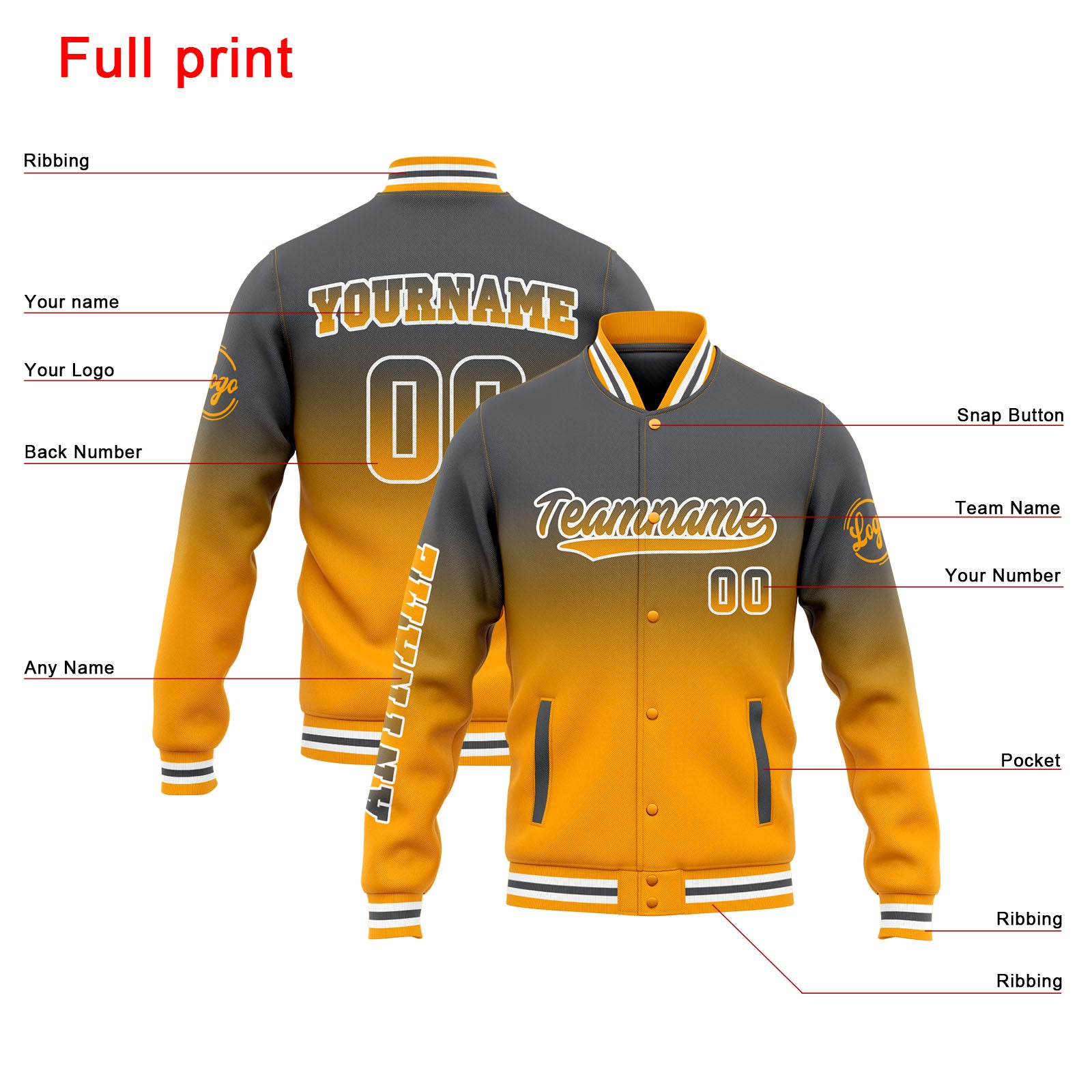 Custom Varsity Jacket Letterman jacket for Men, Women and Youth Grey Yellow Gradient