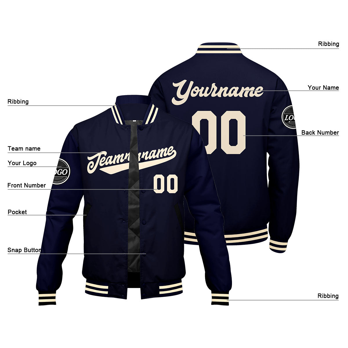 Custom Varsity Jacket Letterman jacket for Men, Women and Youth Navy Cream