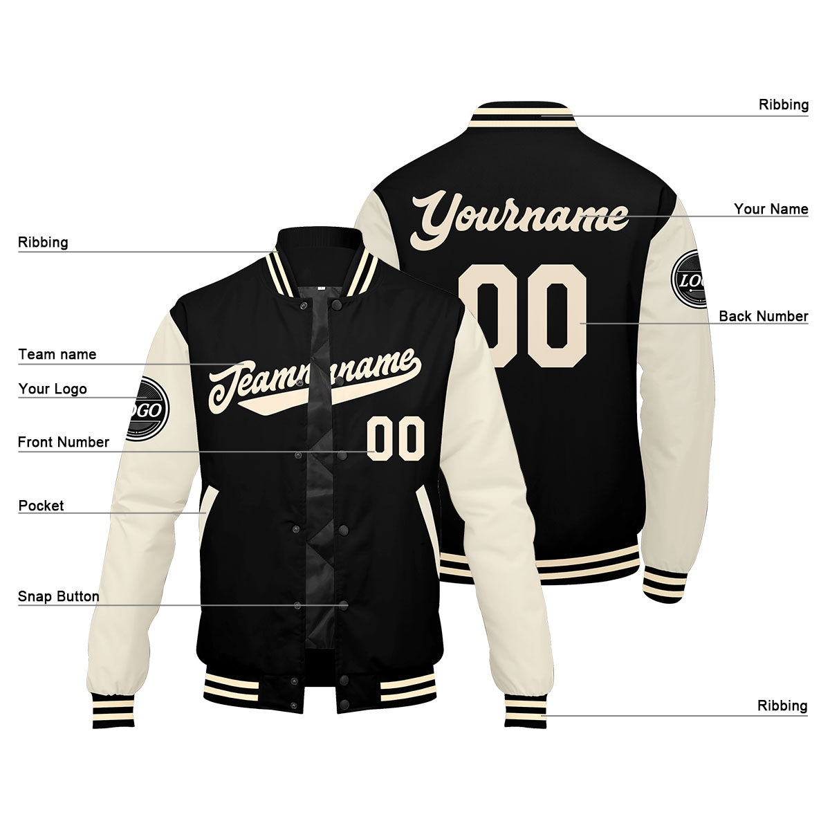 Custom Varsity Jacket Letterman jacket for Men, Women and Youth Black Cream