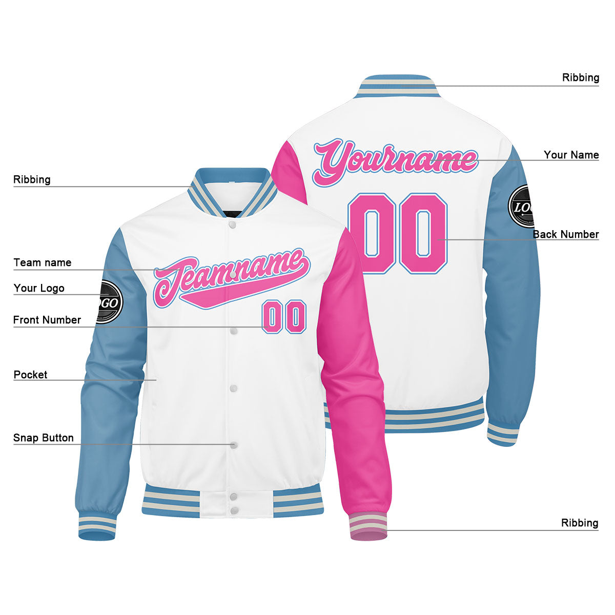 Custom Varsity Jacket Letterman jacket for Men, Women and Youth White Light Blue Pink