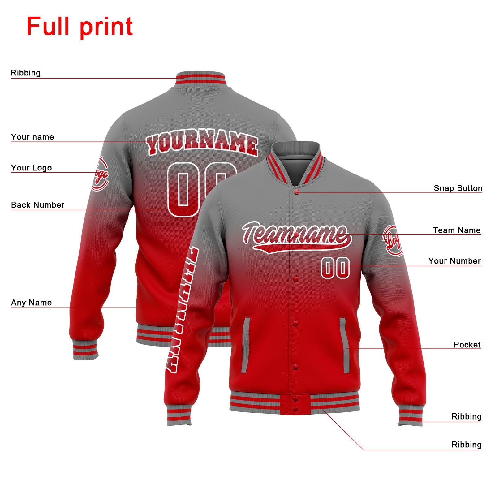 Custom Varsity Jacket Letterman jacket for Men, Women and Youth Grey Red Gradient