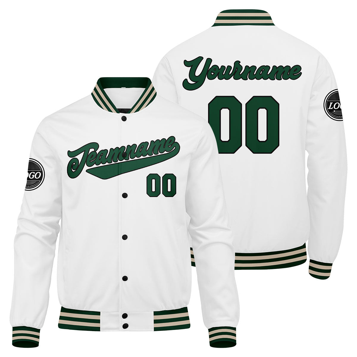 Custom Varsity Jacket Letterman jacket for Men, Women and Youth Drak Green White Cream