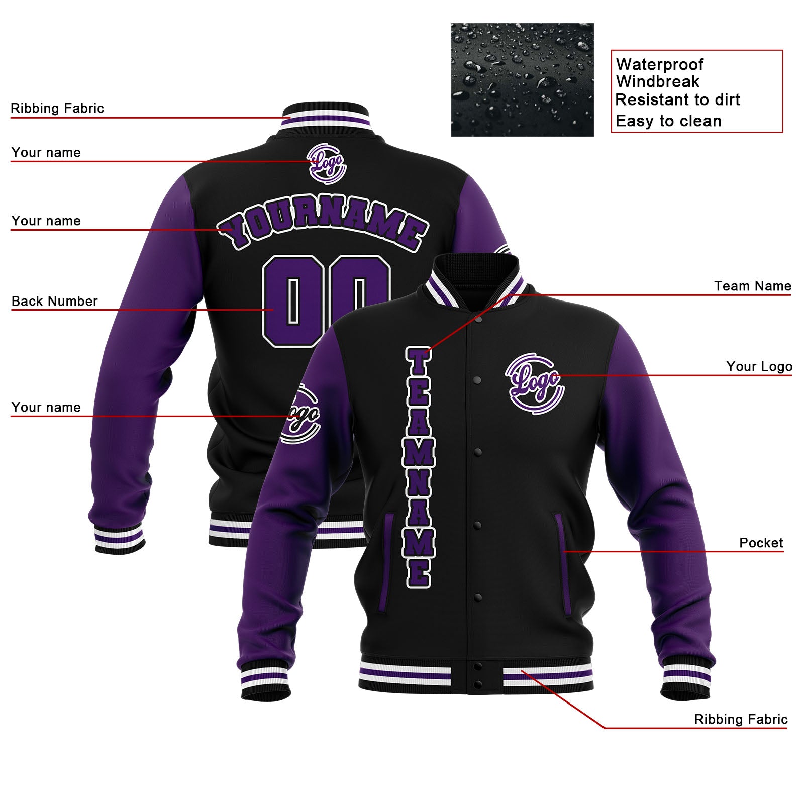 Custom Black Purple White Waterproof Varsity Jackets Personalized Stitched Name Number Logo to Letterman Jackets