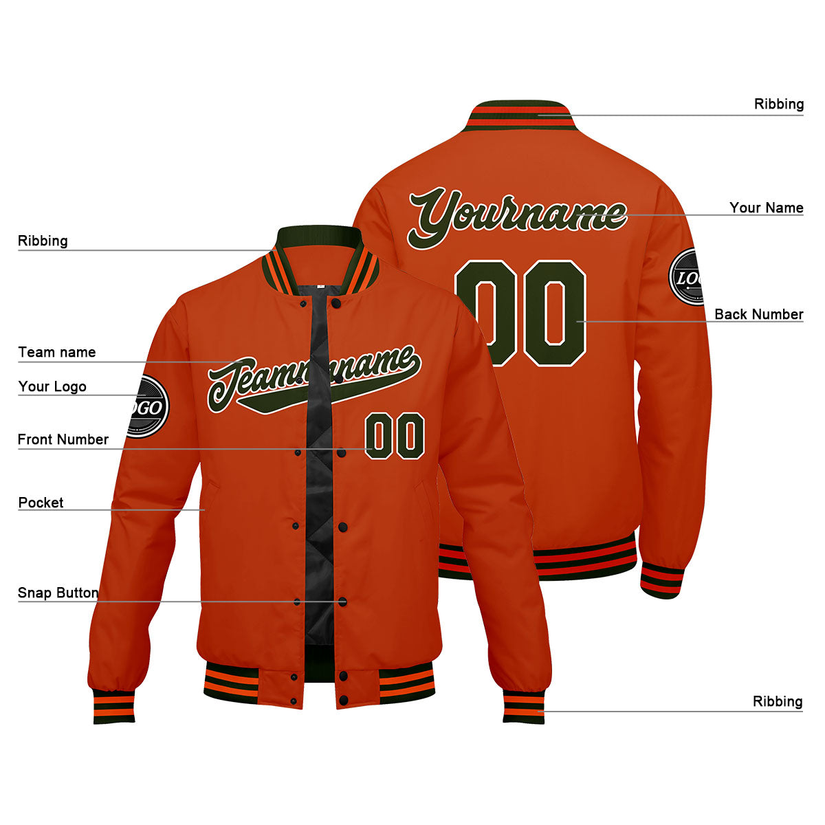 Custom Varsity Jacket Letterman jacket for Men, Women and Youth Olive green Orange