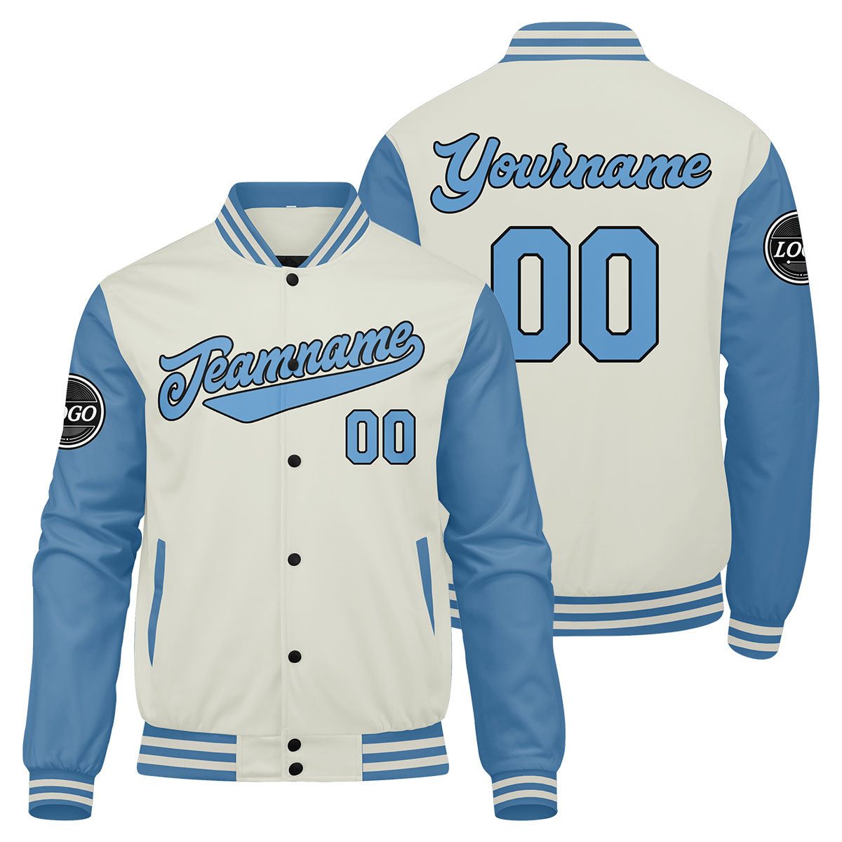 Custom Varsity Jacket Letterman jacket for Men, Women and Youth Light Blue Cream