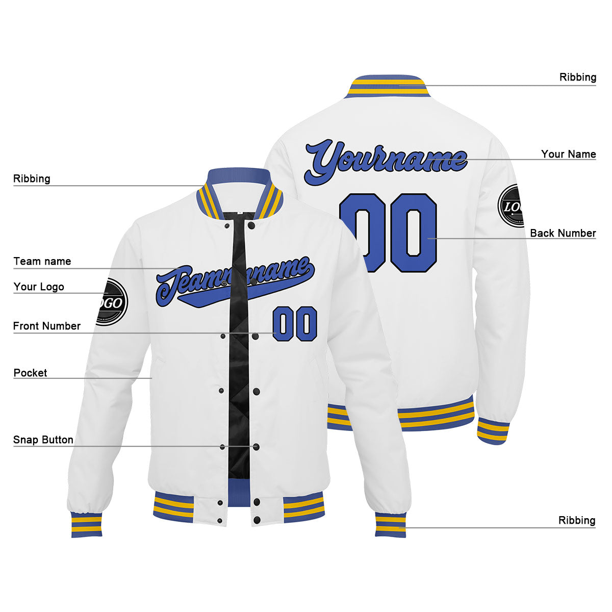 Custom Varsity Jacket Letterman jacket for Men, Women and Youth White Blue