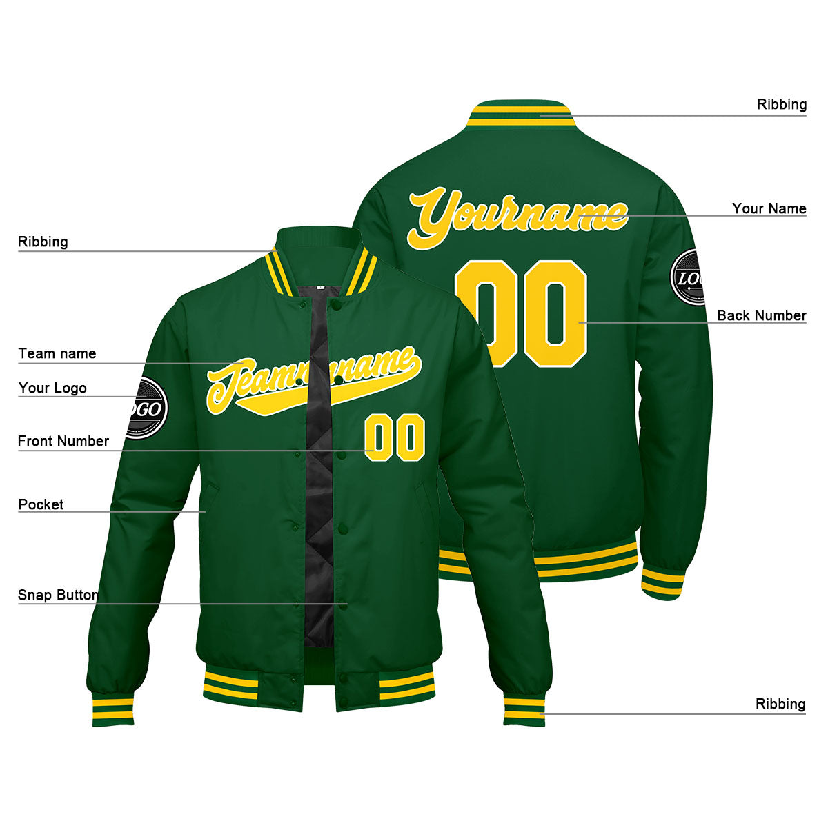 Custom Varsity Jacket Letterman jacket for Men, Women and Youth Green Yellow