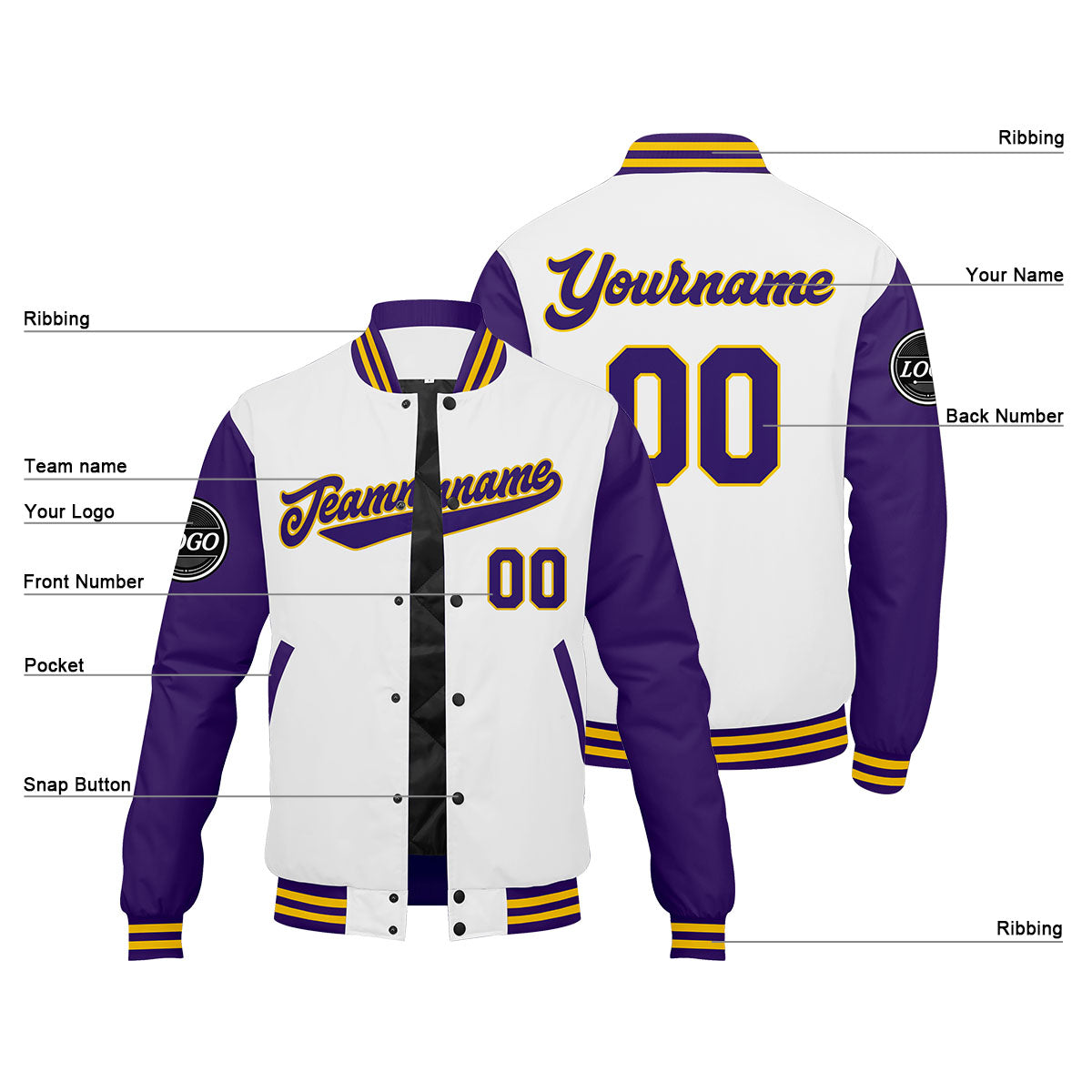 Custom Varsity Jacket Letterman jacket for Men, Women and Youth Purple White Yellow