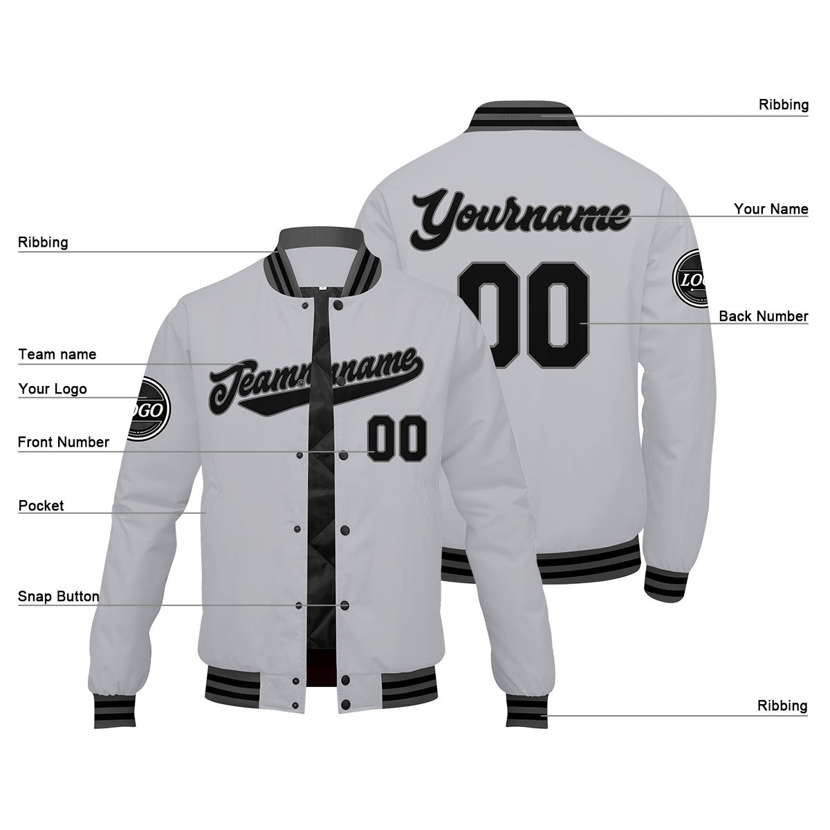 Custom Varsity Jacket Letterman jacket for Men, Women and Youth Grey Black