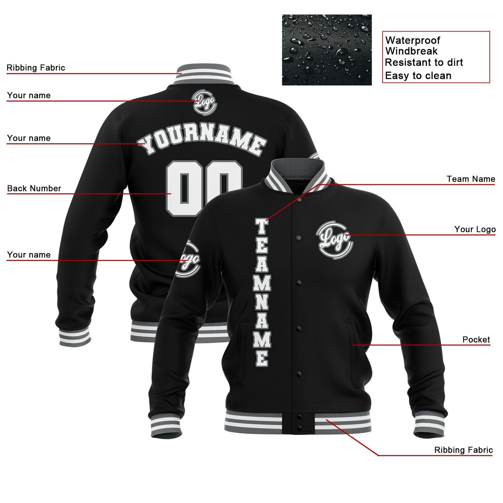 Custom Black Grey White Waterproof Varsity Jackets Personalized Stitched Name Number Logo to Letterman Jackets