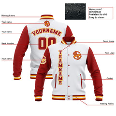 Custom White Red Yellow Waterproof Varsity Jackets Personalized Stitched Name Number Logo to Letterman Jackets