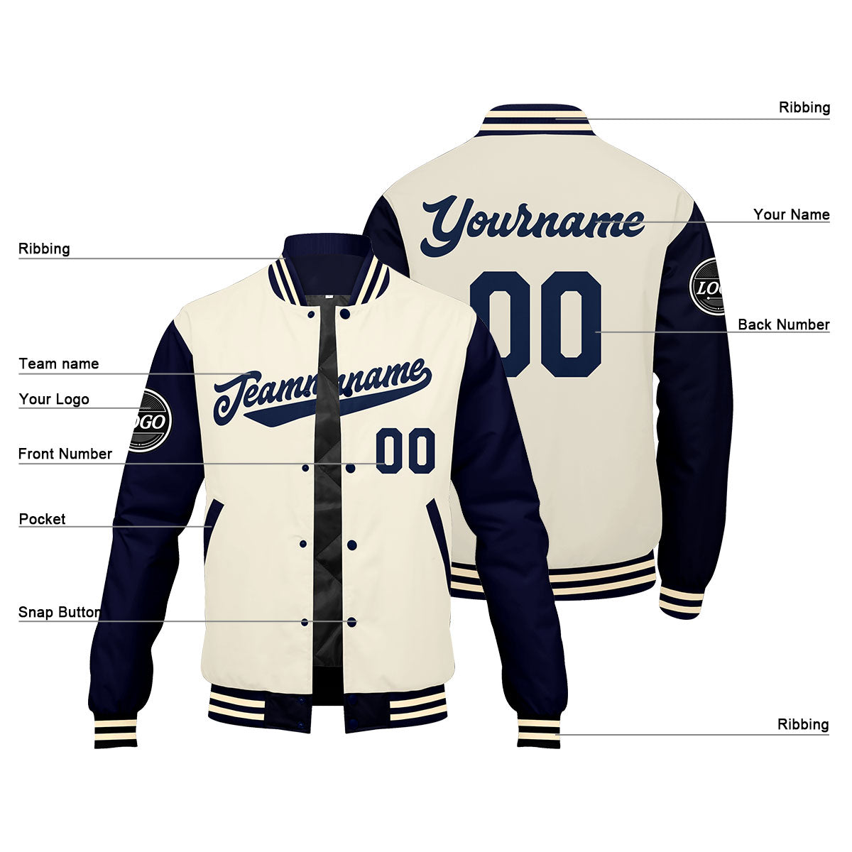 Custom Varsity Jacket Letterman jacket for Men, Women and Youth Navy Cream