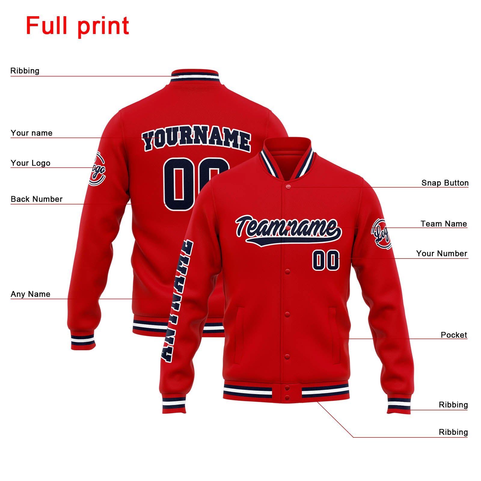 Custom Varsity Jacket Letterman jacket for Men, Women and Youth Red Navy