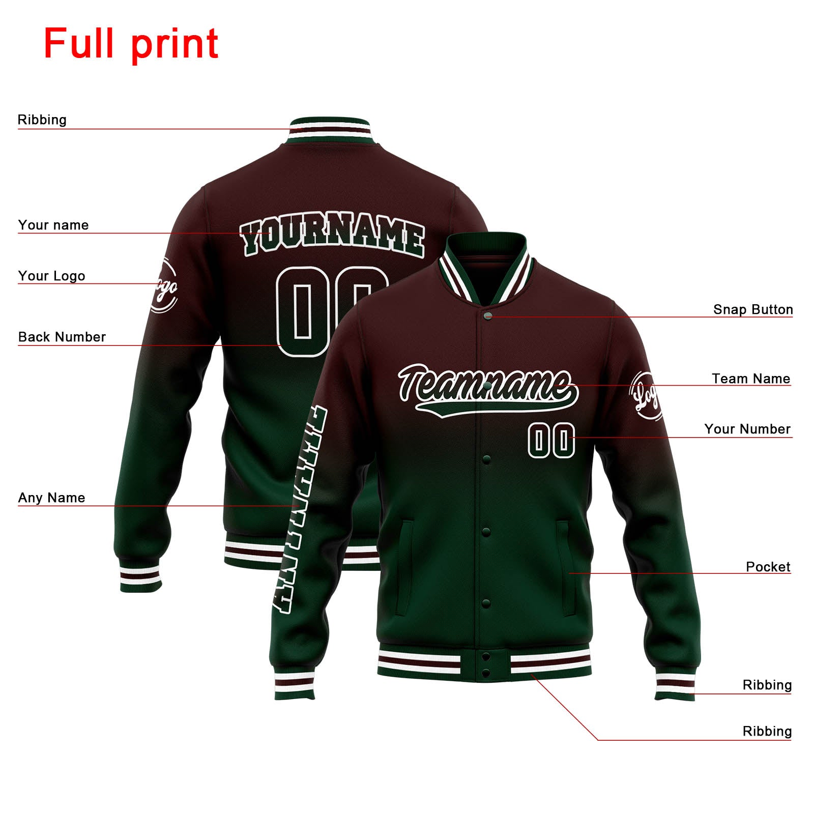 Custom Varsity Jacket Letterman jacket for Men, Women and Youth Brown Green Gradient