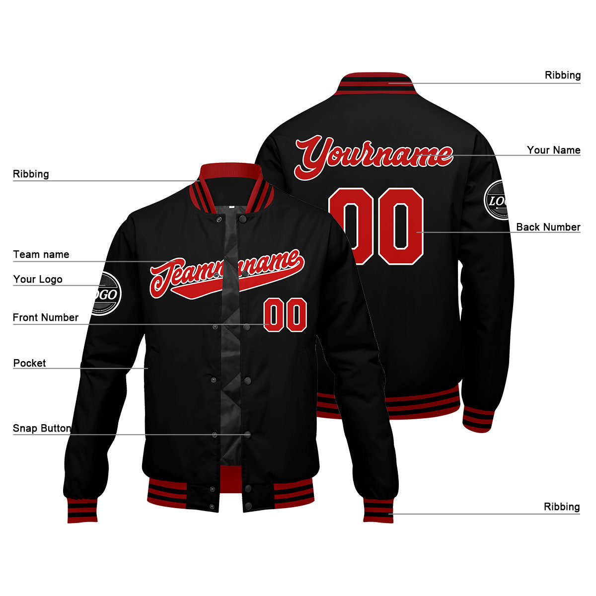 Custom Varsity Jacket Letterman jacket for Men, Women and Youth Red Black