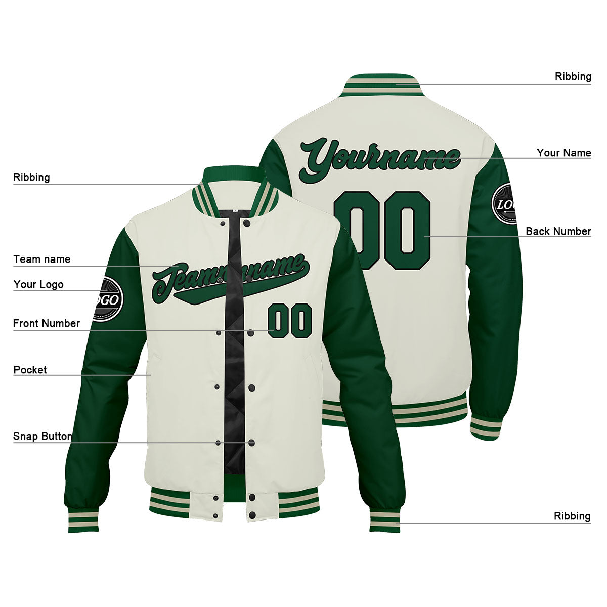 Custom Varsity Jacket Letterman jacket for Men, Women and Youth Green Cream