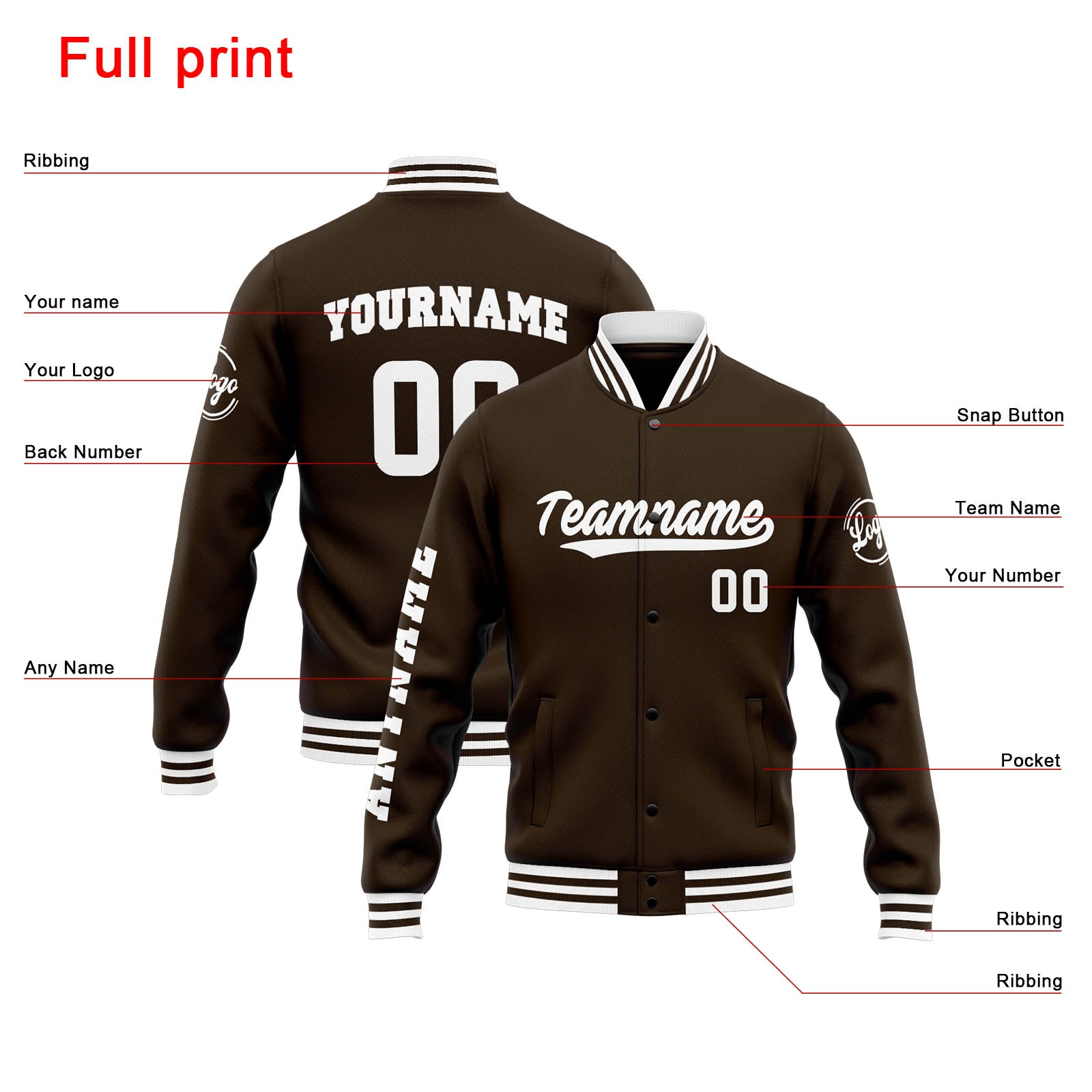 Custom Varsity Jacket Letterman jacket for Men, Women and Youth Brown White