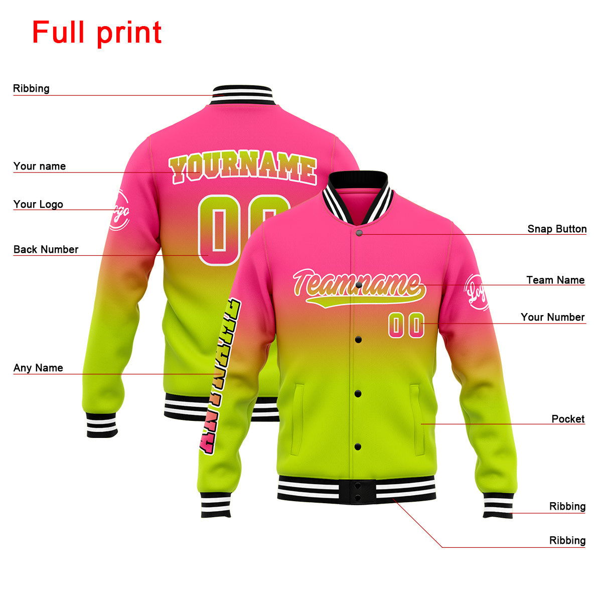 Custom Varsity Jacket Letterman jacket for Men, Women and Youth Pink&Chartreuse