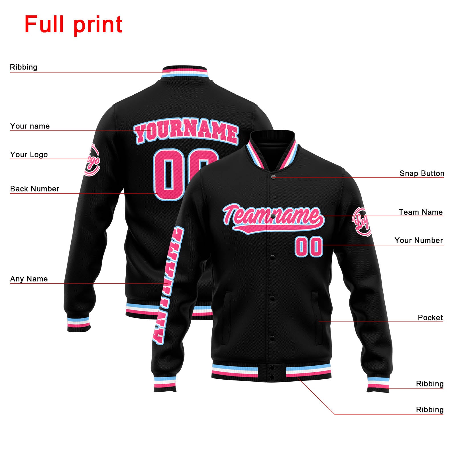 Custom Varsity Jacket Letterman jacket for Men, Women and Youth Black Pink