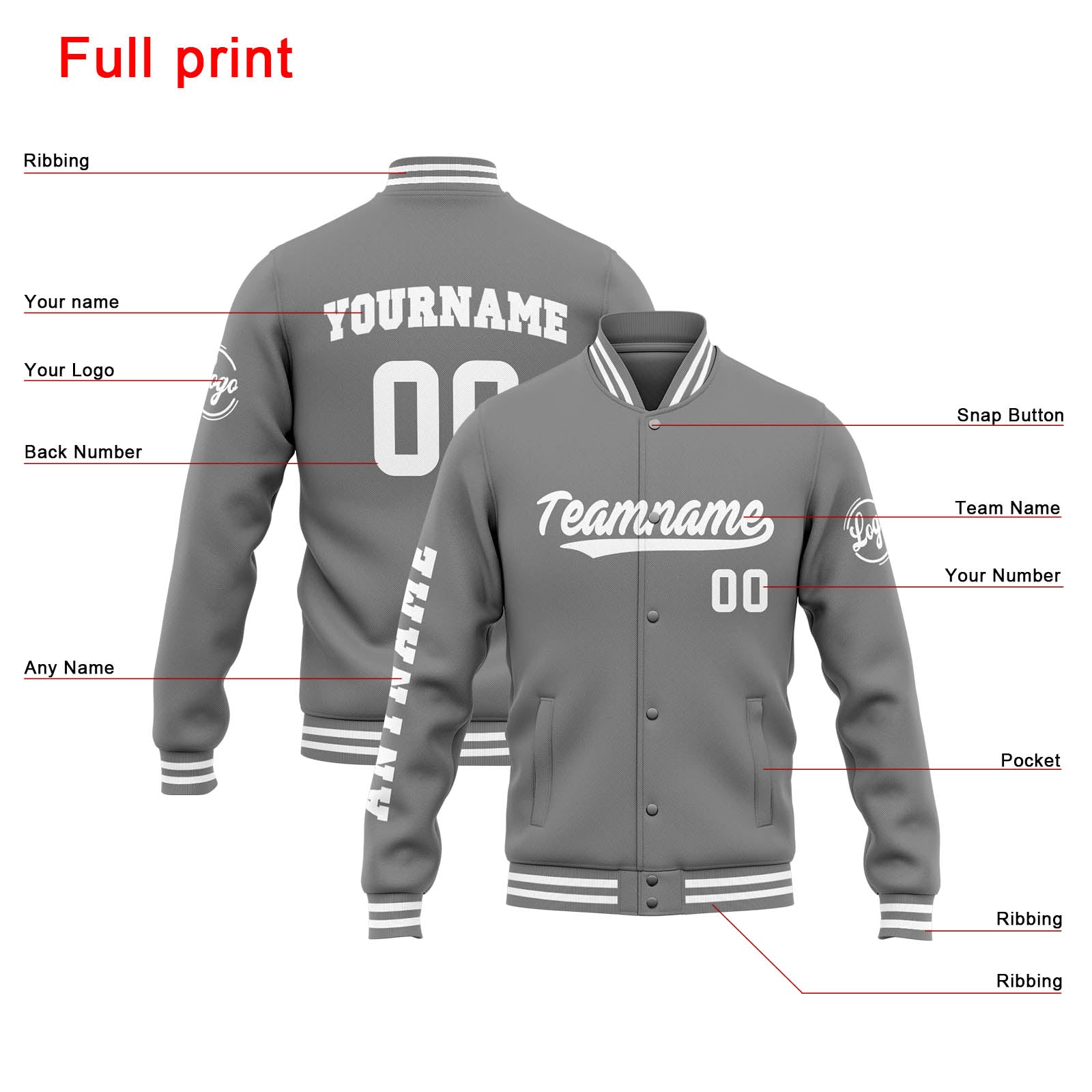 Custom Varsity Jacket Letterman jacket for Men, Women and Youth Grey White