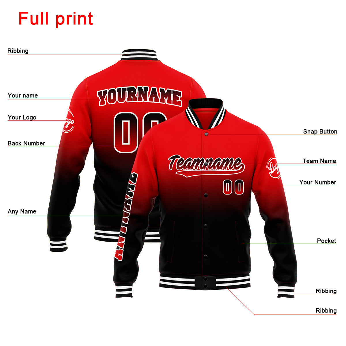 Custom Varsity Jacket Letterman jacket for Men, Women and Youth Red&Balck