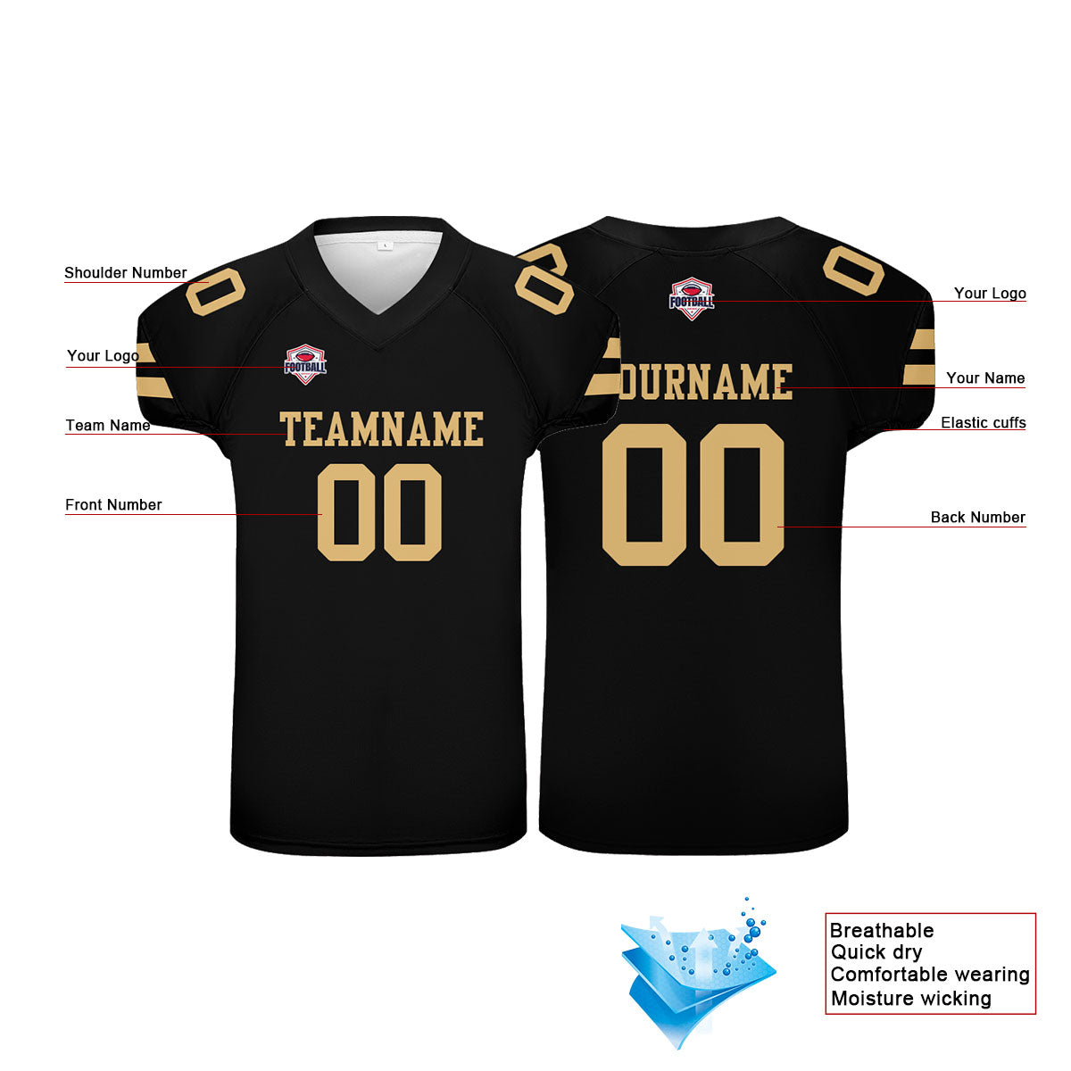 Custom Football Jersey Shirt Personalized Printed Team Name Number Black