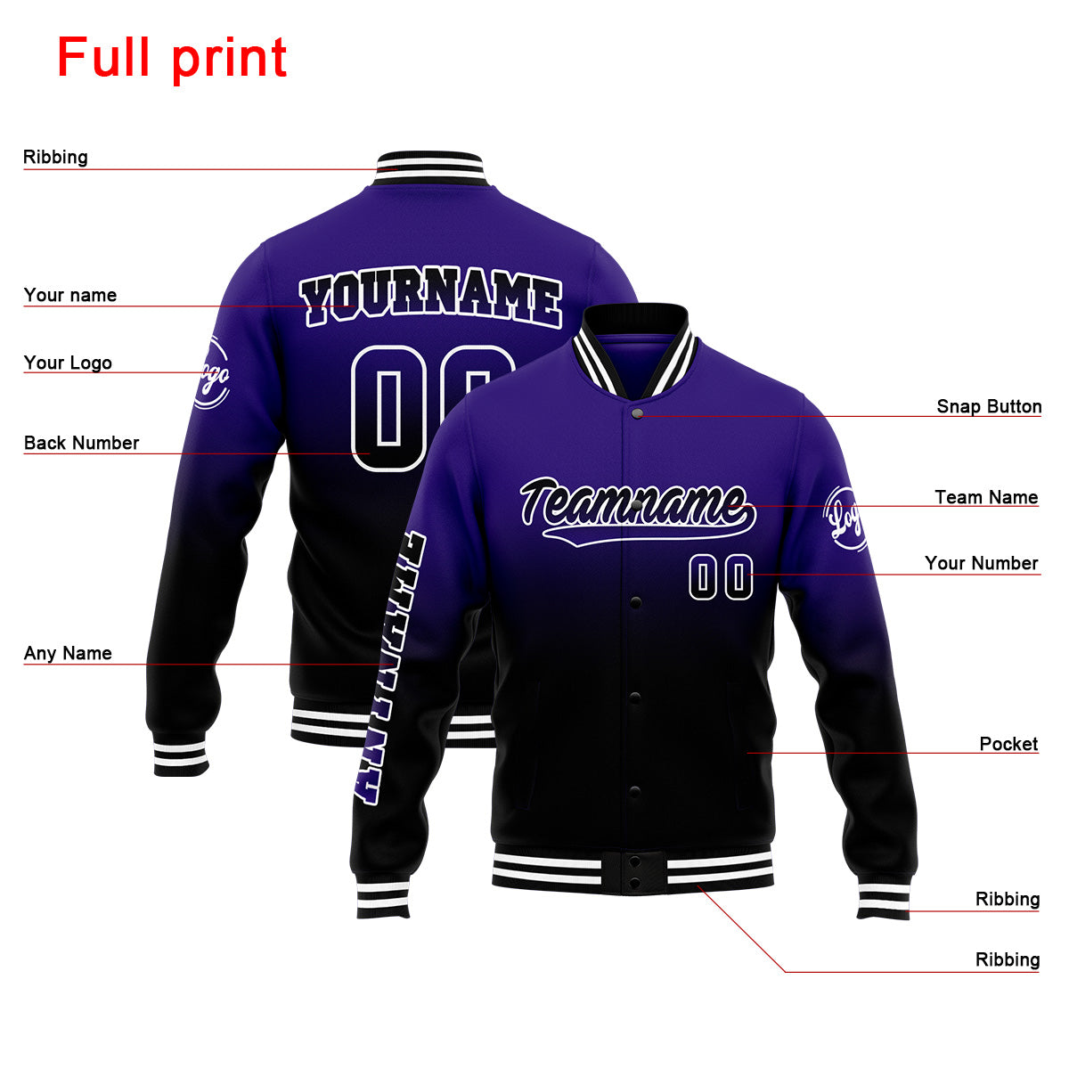 Custom Varsity Jacket Letterman jacket for Men, Women and Youth Purple&Black