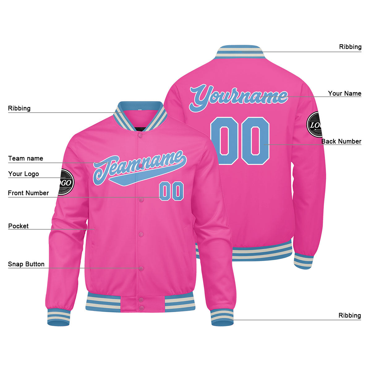 Custom Varsity Jacket Letterman jacket for Men, Women and Youth Pink Light Blue