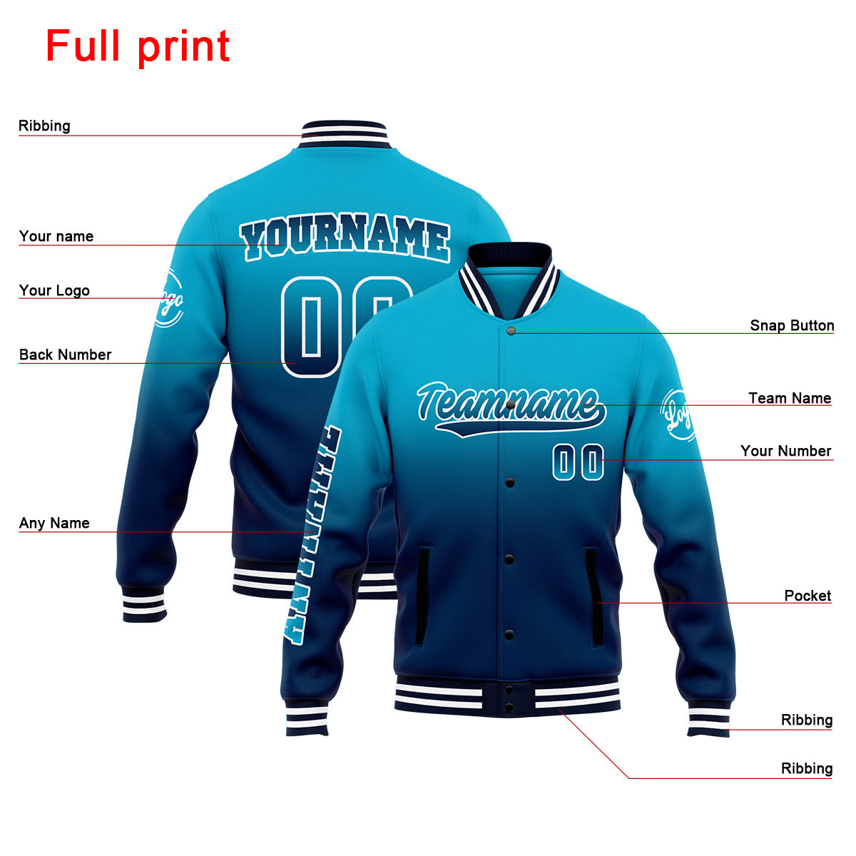 Custom Varsity Jacket Letterman jacket for Men, Women and Youth Aqua&Dark Blue