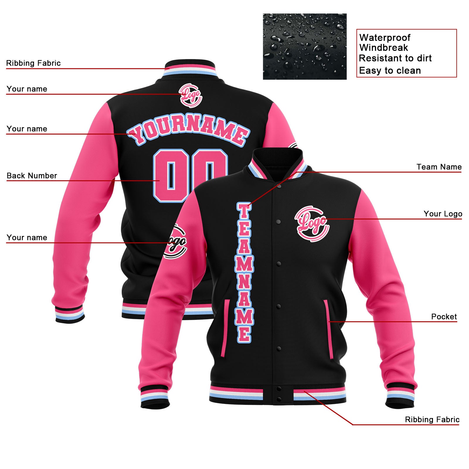 Custom Black Pink Light Blue Waterproof Varsity Jackets Personalized Stitched Name Number Logo to Letterman Jackets