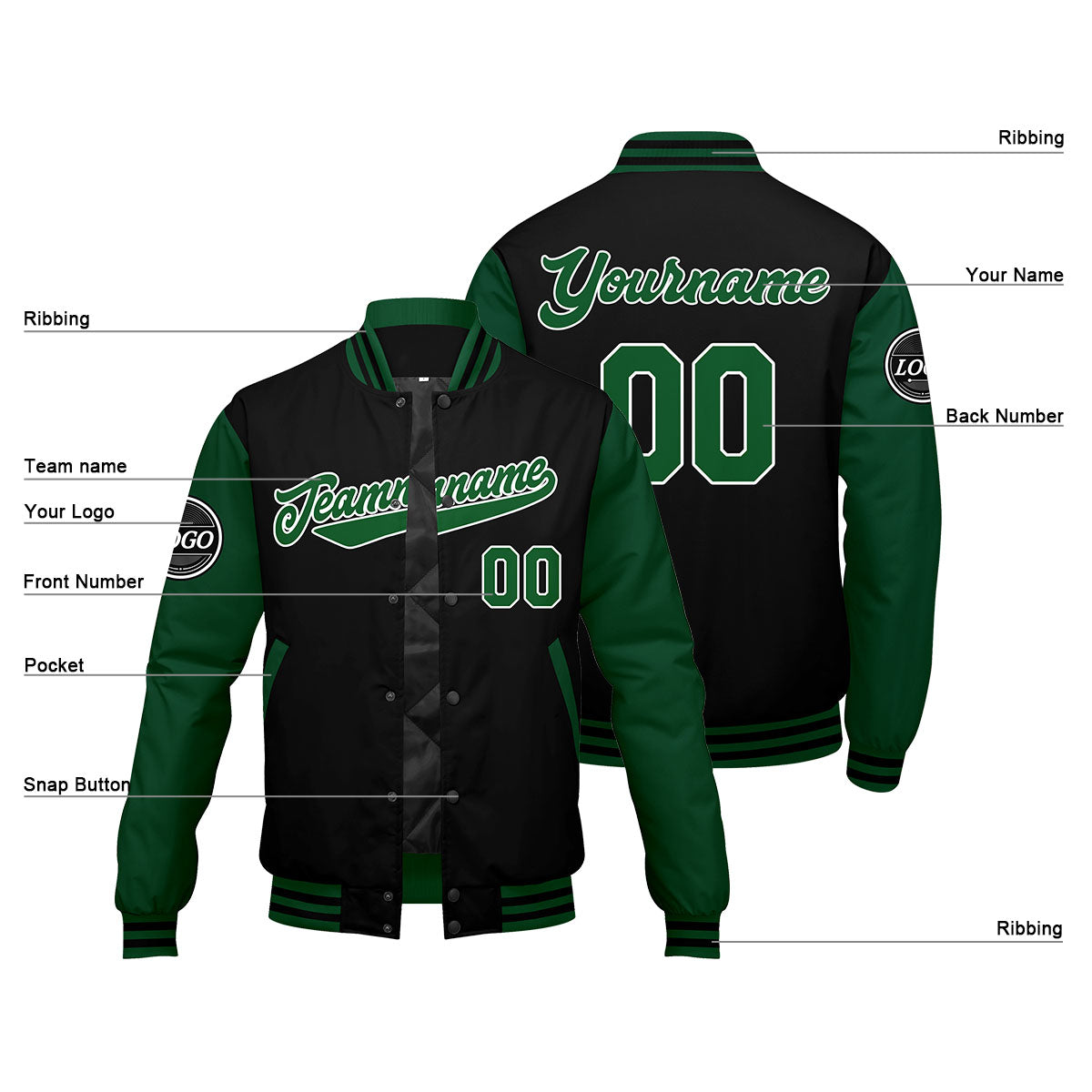 Custom Varsity Jacket Letterman jacket for Men, Women and Youth Green Black