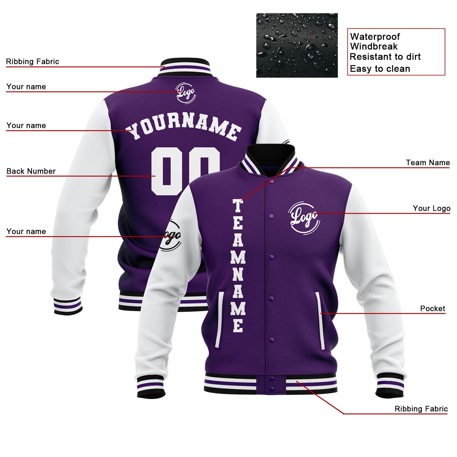 Custom Purple White Black Waterproof Varsity Jackets Personalized Stitched Name Number Logo to Letterman Jackets