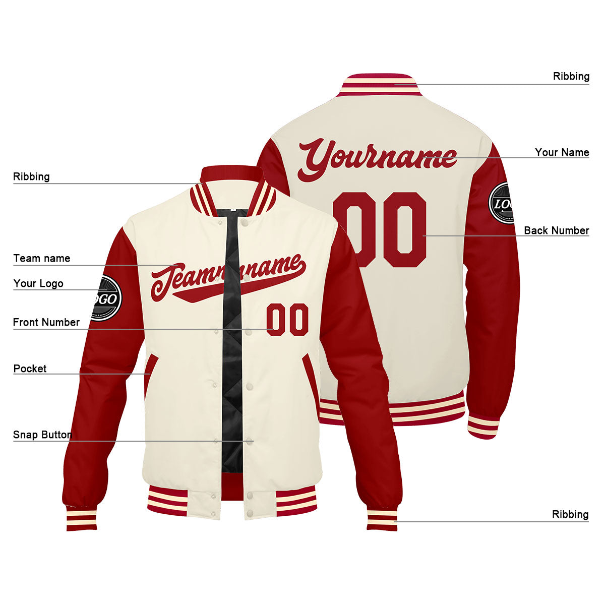 Custom Varsity Jacket Letterman jacket for Men, Women and Youth Red Cream