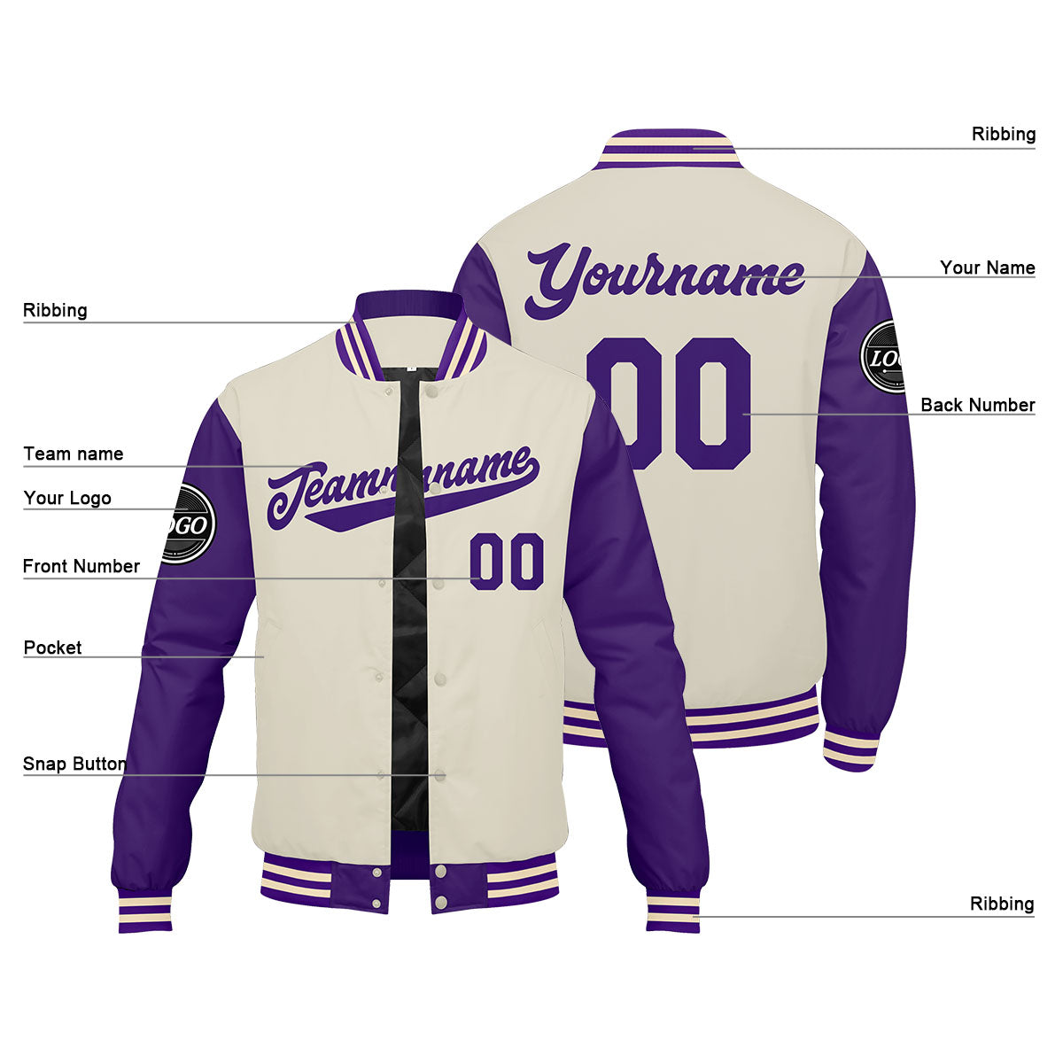 Custom Varsity Jacket Letterman jacket for Men, Women and Youth Purple Cream