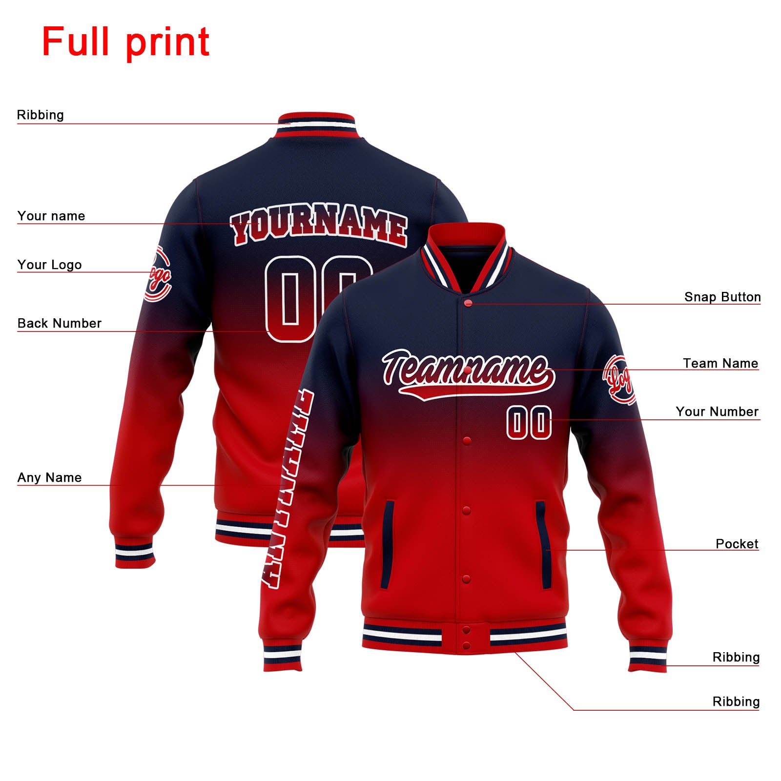 Custom Varsity Jacket Letterman jacket for Men, Women and Youth Navy Red Gradient