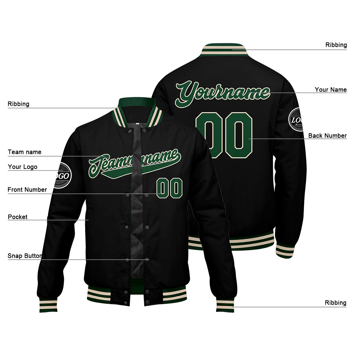 Custom Varsity Jacket Letterman jacket for Men, Women and Youth Dark Green Black Cream