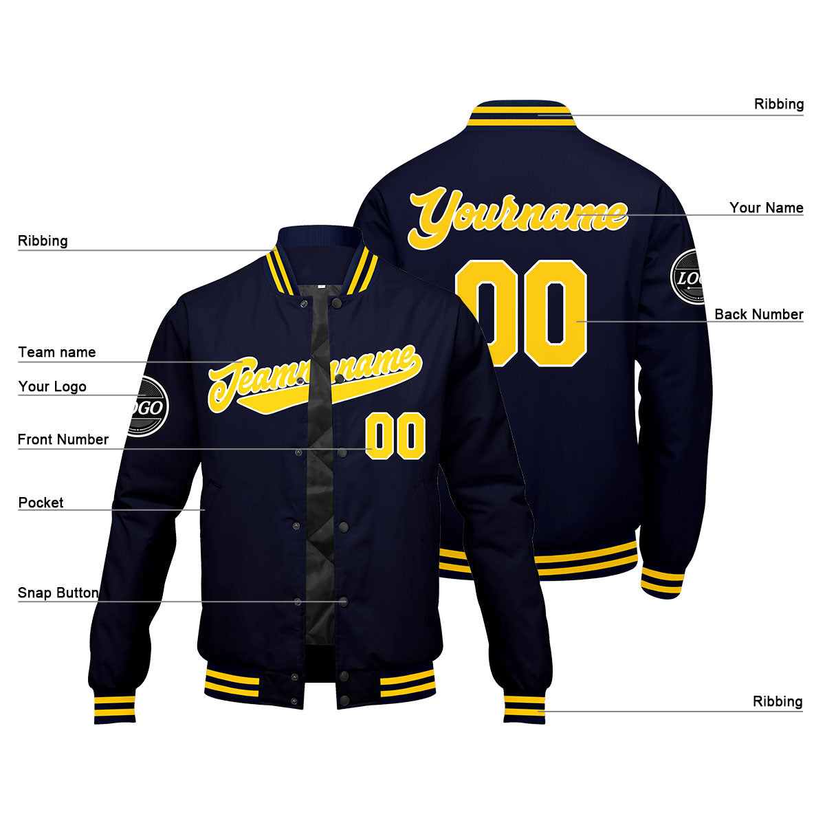 Custom Varsity Jacket Letterman jacket for Men, Women and Youth Navy Yellow