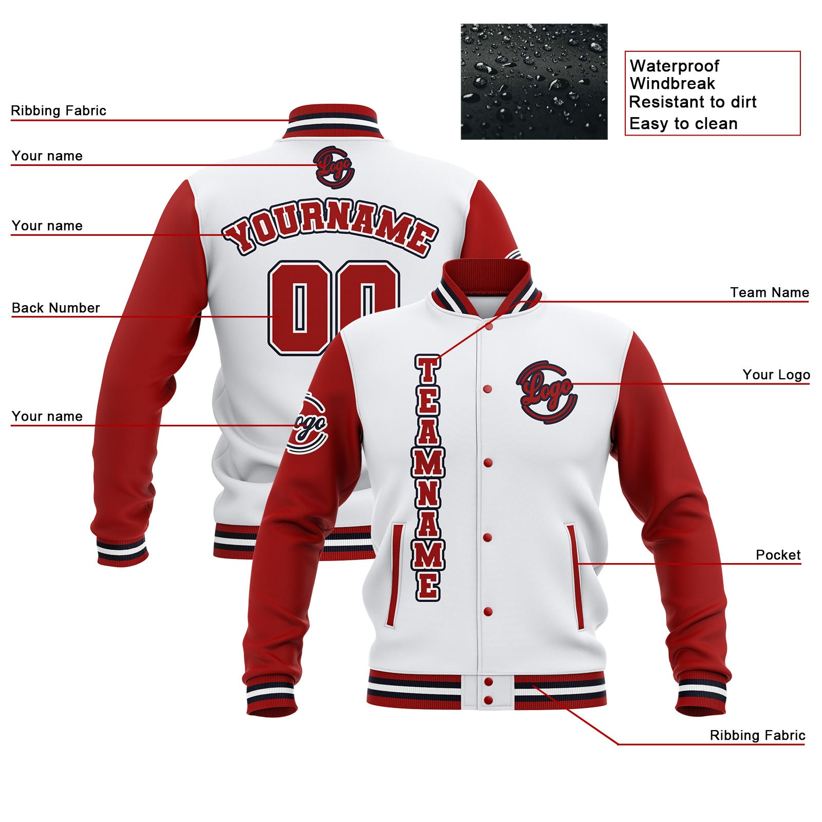 Custom White Red Navy Waterproof Varsity Jackets Personalized Stitched Name Number Logo to Letterman Jackets