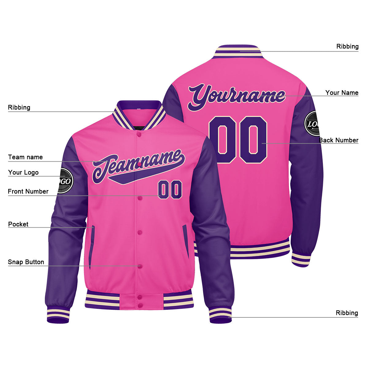 Custom Varsity Jacket Letterman jacket for Men, Women and Youth Pink Purple