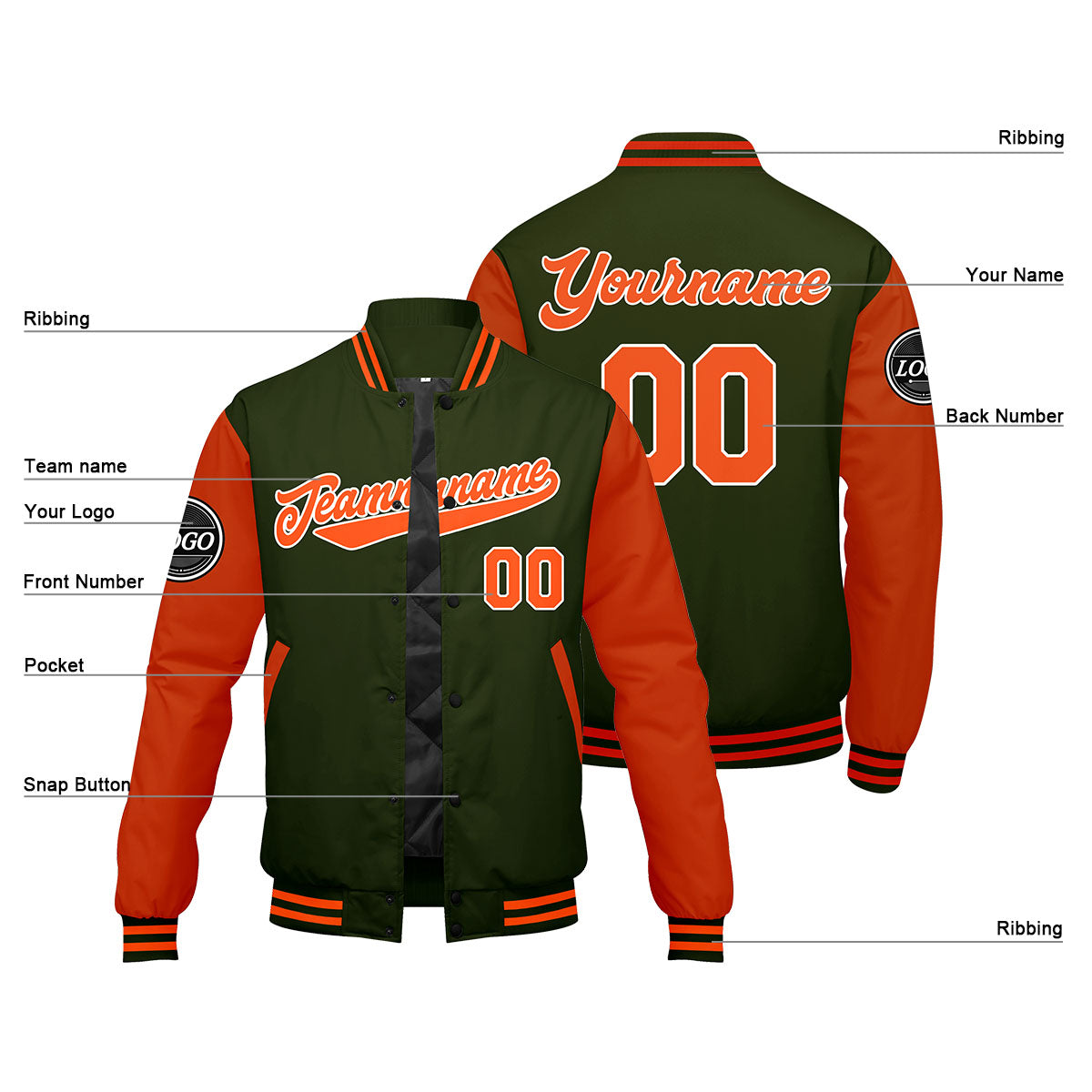 Custom Varsity Jacket Letterman jacket for Men, Women and Youth Olive green Orange