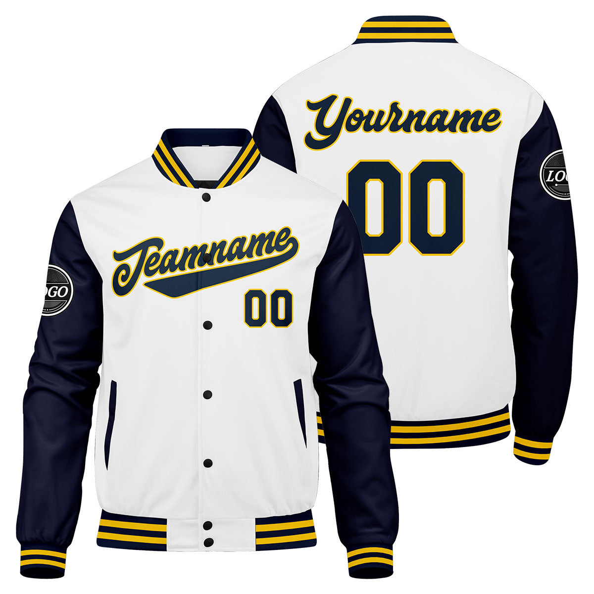 Custom Varsity Jacket Letterman jacket for Men, Women and Youth Navy White Yellow