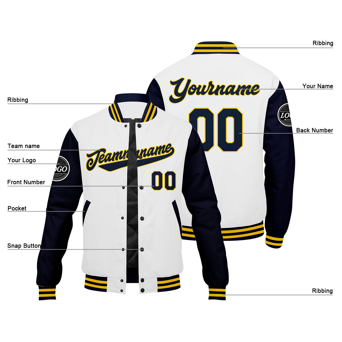 Custom Varsity Jacket Letterman jacket for Men, Women and Youth Navy White Yellow