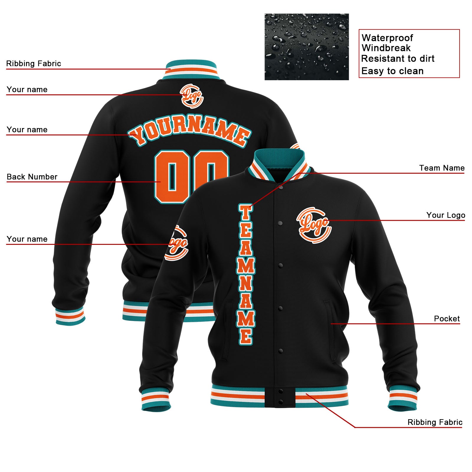 Custom Black Teal Orange Waterproof Varsity Jackets Personalized Stitched Name Number Logo to Letterman Jackets