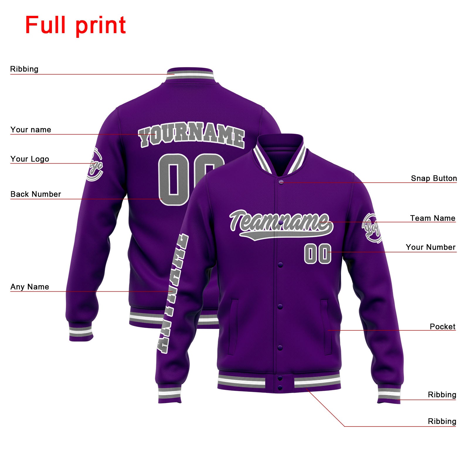 Custom Varsity Jacket Letterman jacket for Men, Women and Youth Purple Grey