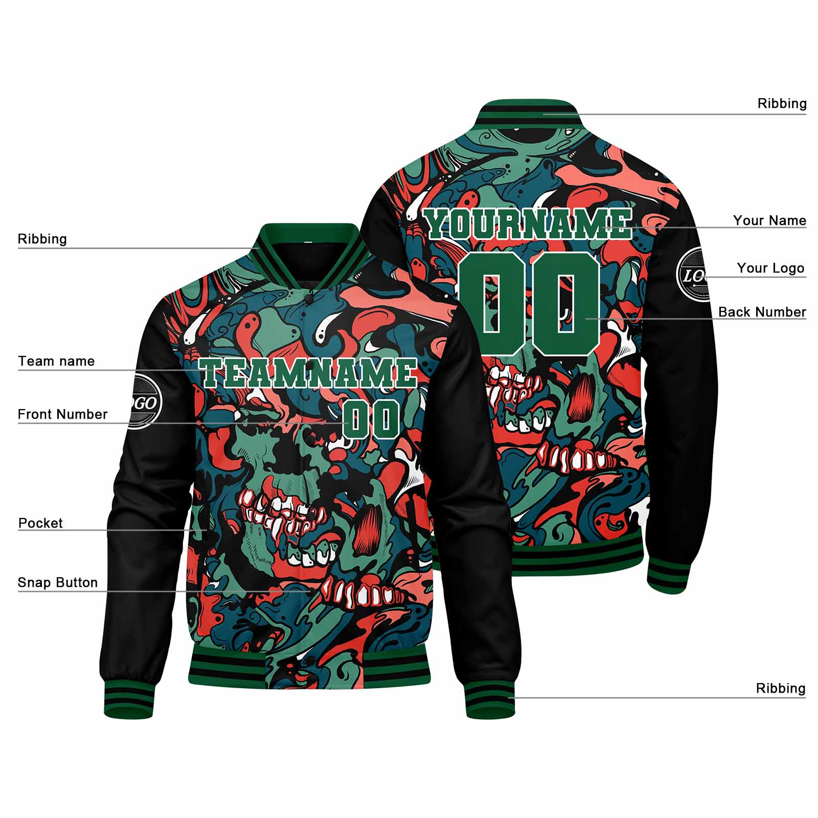 Custom Varsity Jacket Letterman jacket for Men, Women and Youth Green Orange