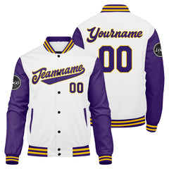 Custom Varsity Jacket Letterman jacket for Men, Women and Youth Purple White Yellow